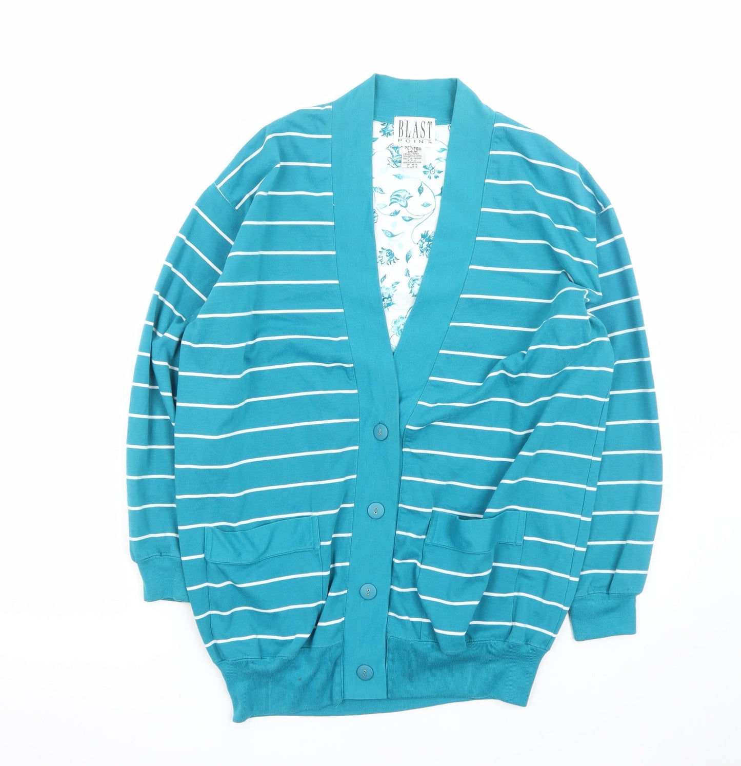 Blast Point Women's Blue Striped Petites Cardigan M Relaxed Fit
