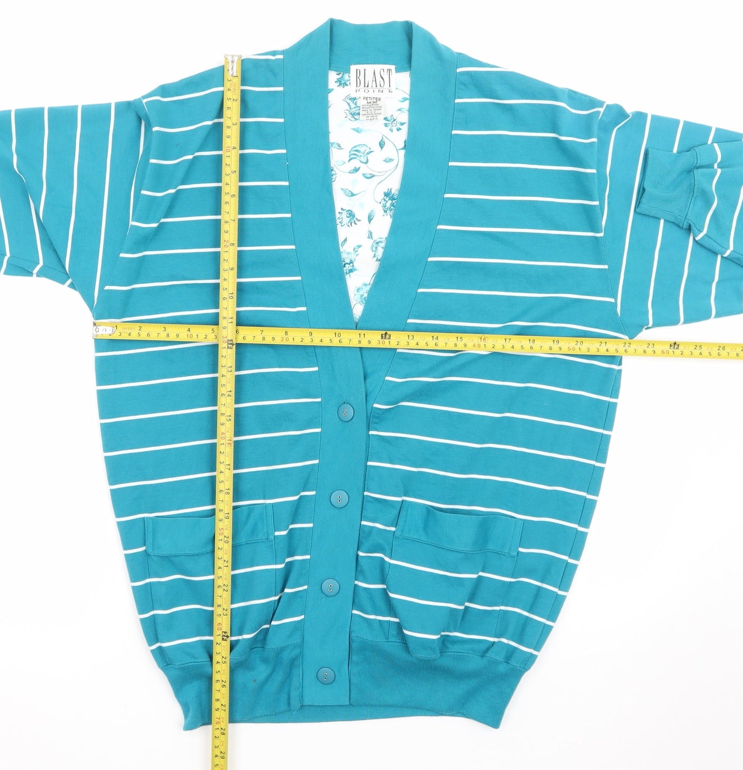Blast Point Women's Blue Striped Petites Cardigan M Relaxed Fit
