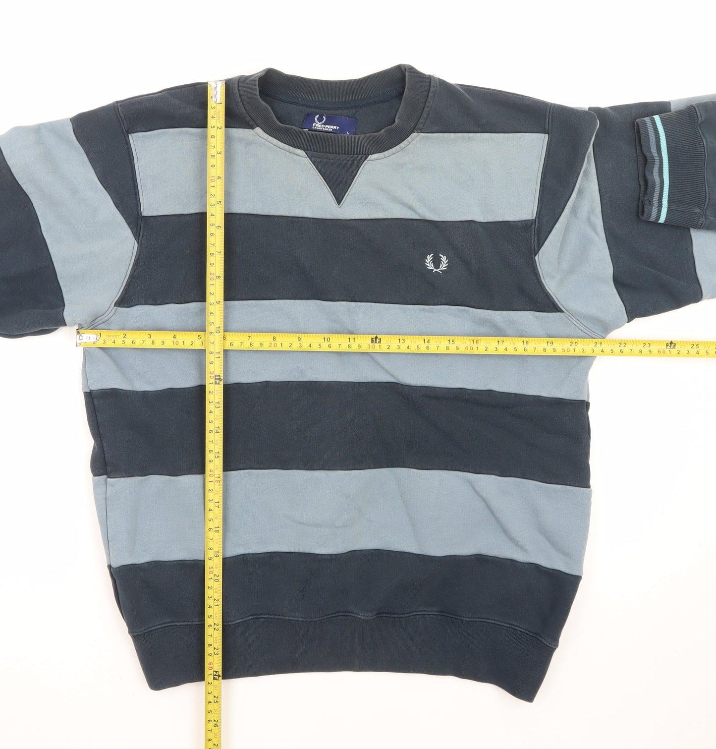 Fred Perry Men's Blue Striped Crew Neck Pullover Sweatshirt L