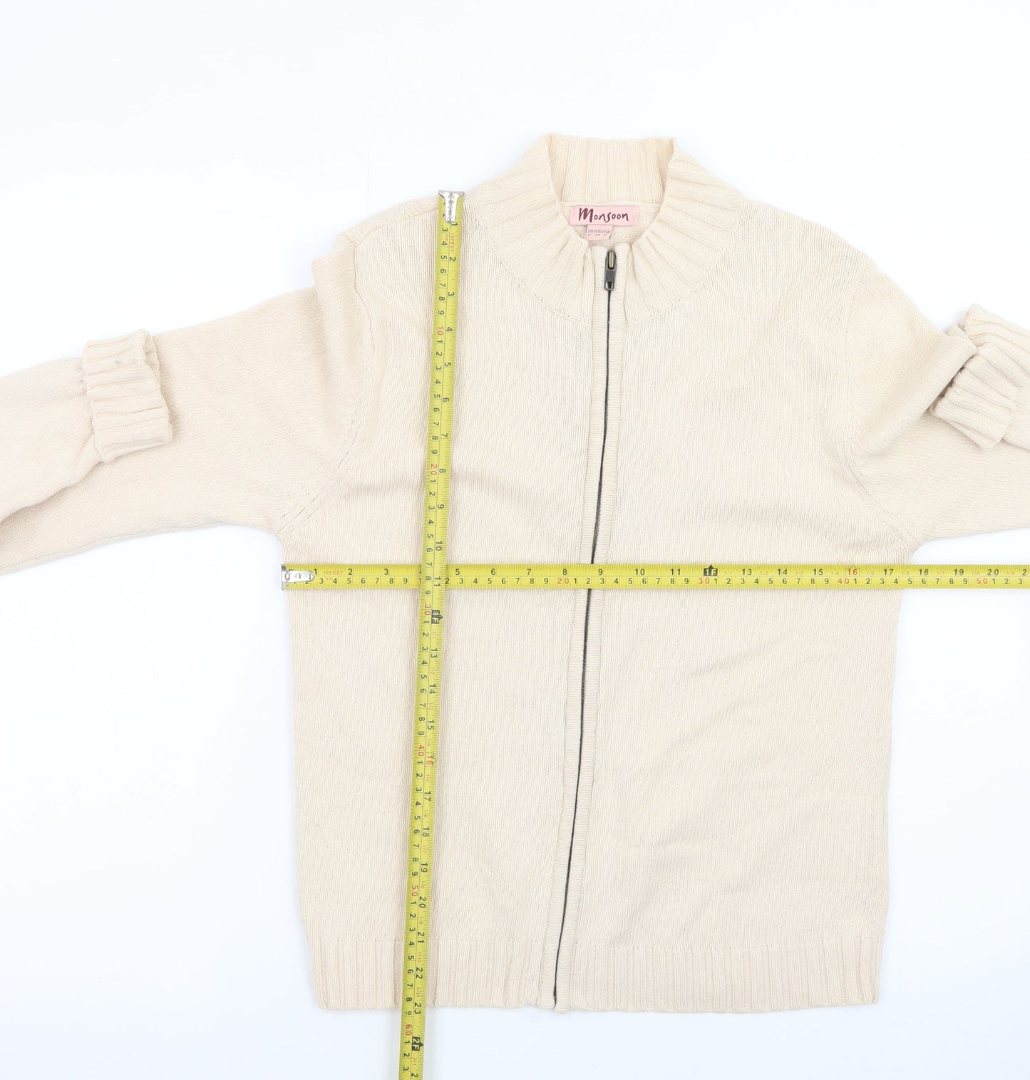 Monsoon Women Beige Full Zip Cardigan Size 12 Cotton Blend