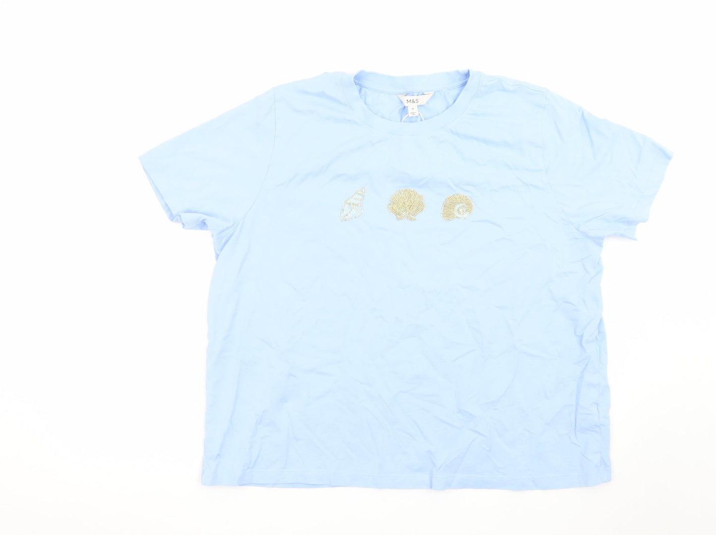 Marks and Spencer Women's Blue Beaded Seashell Cotton T-Shirt Size 20