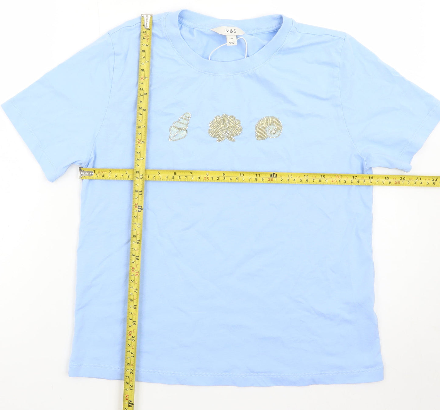 Marks and Spencer Womens Blue Beaded Shell T-Shirt Size 10