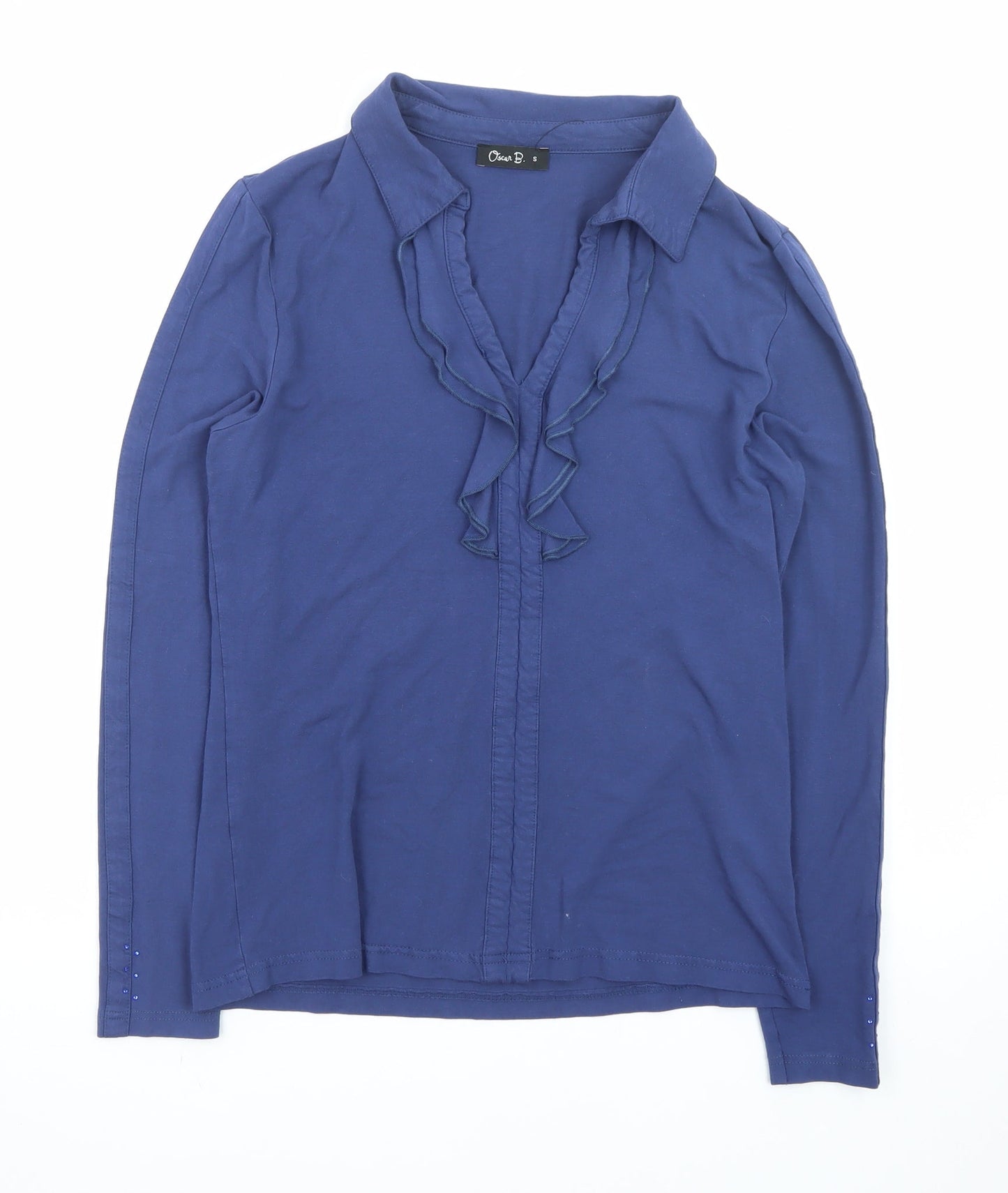 Oscar B. Women’s Blue Ruffle Long Sleeve Cotton Blend Blouse Size S