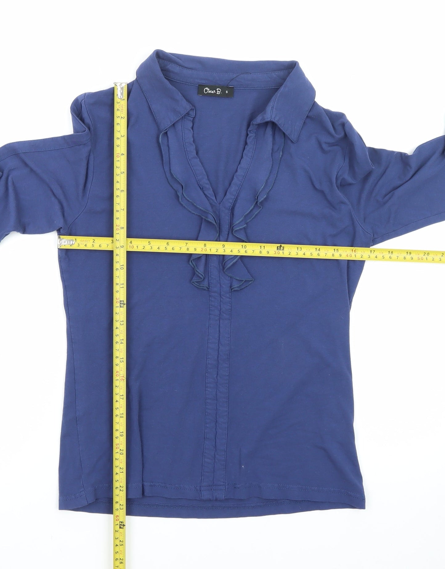Oscar B. Women’s Blue Ruffle Long Sleeve Cotton Blend Blouse Size S