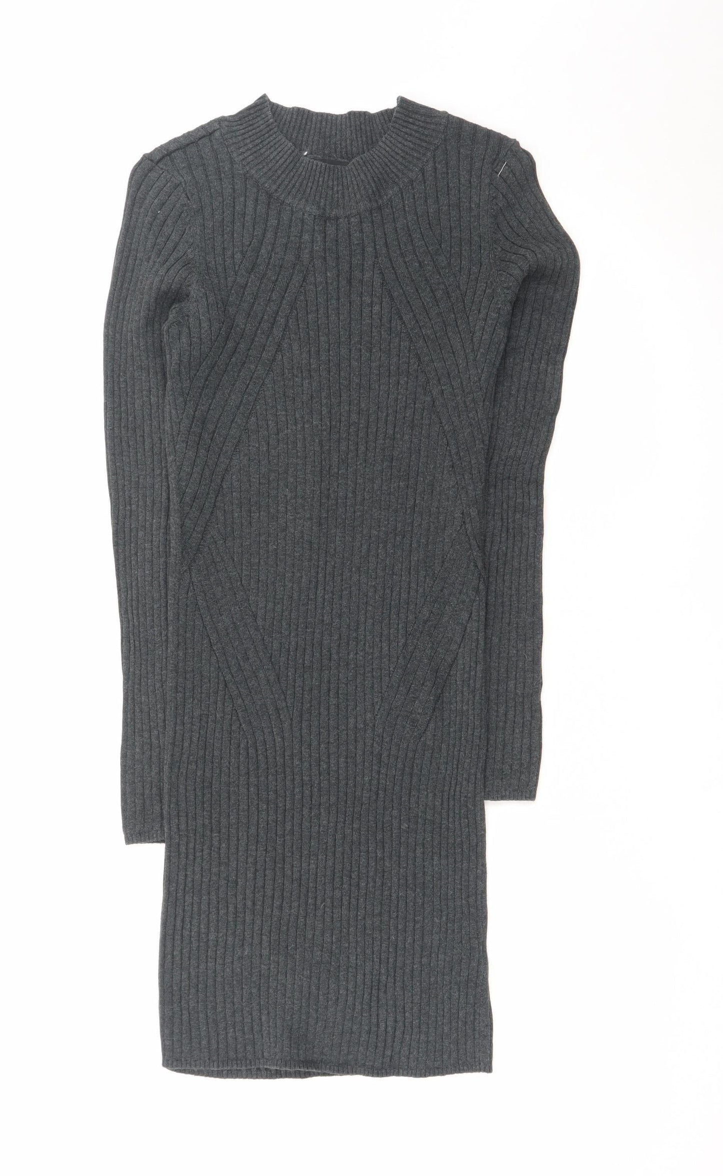 New Look Women Grey Ribbed Knit Bodycon Long Sleeve Dress Size 10