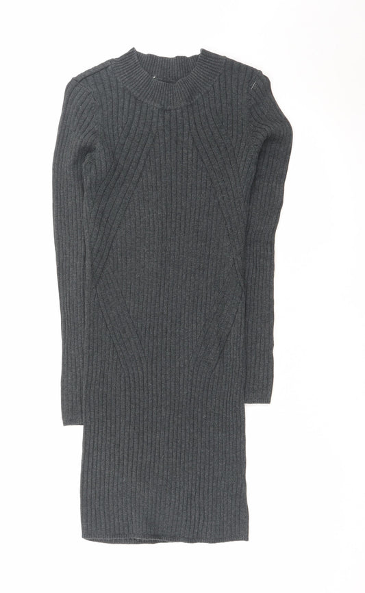 New Look Women Grey Ribbed Knit Bodycon Long Sleeve Dress Size 10