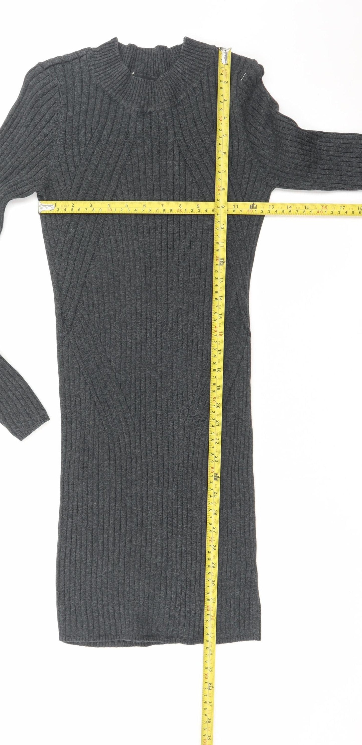 New Look Women Grey Ribbed Knit Bodycon Long Sleeve Dress Size 10