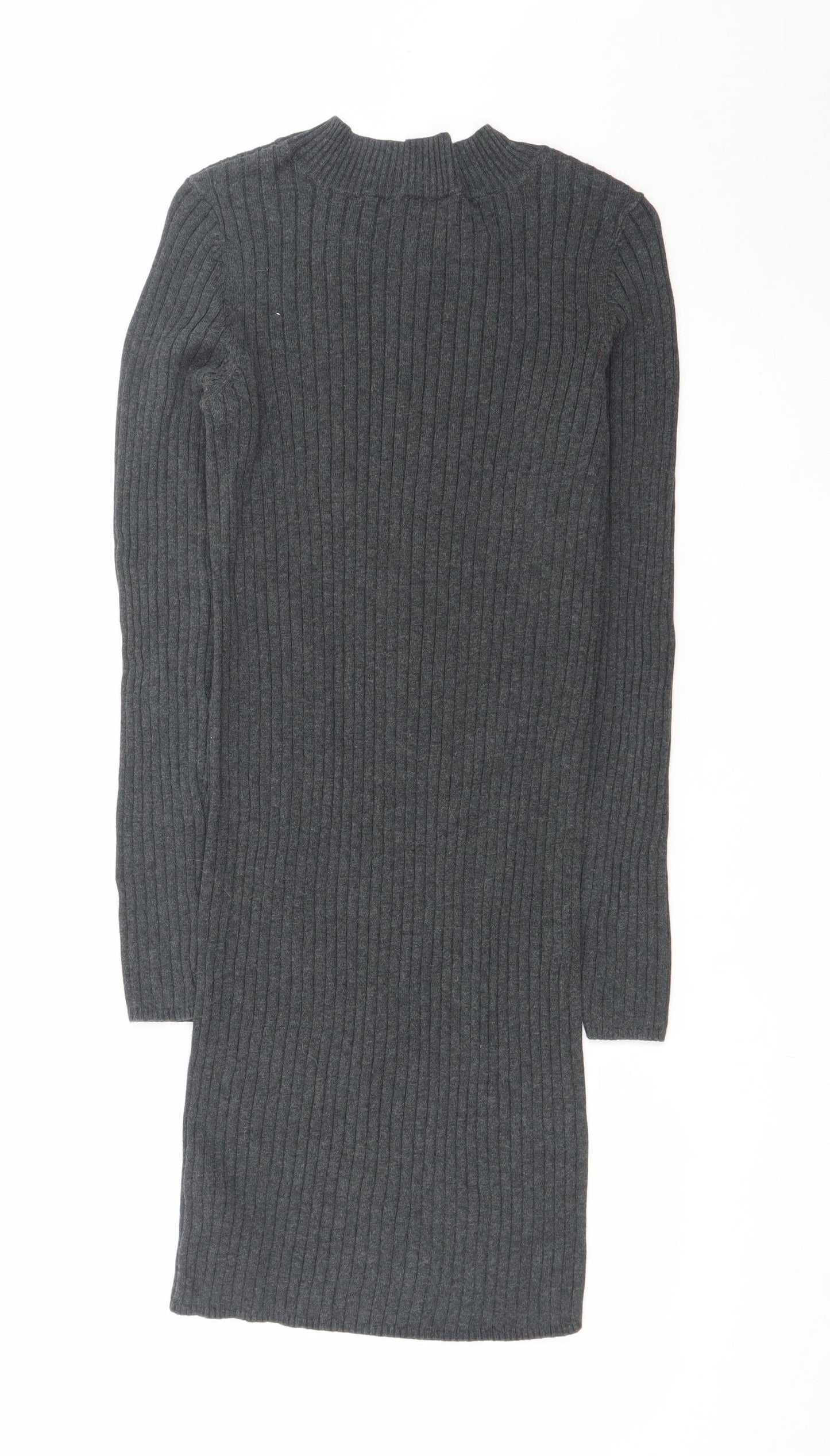 New Look Women Grey Ribbed Knit Bodycon Long Sleeve Dress Size 10