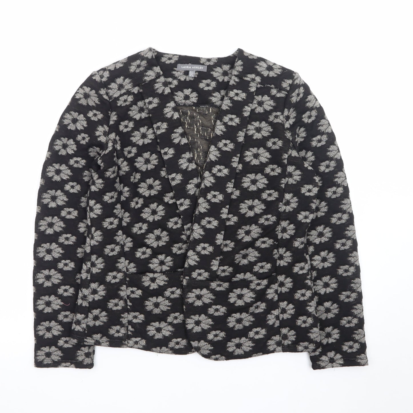 Laura Ashley Women Black Floral V-Neck Long Sleeve Blouse Size 12