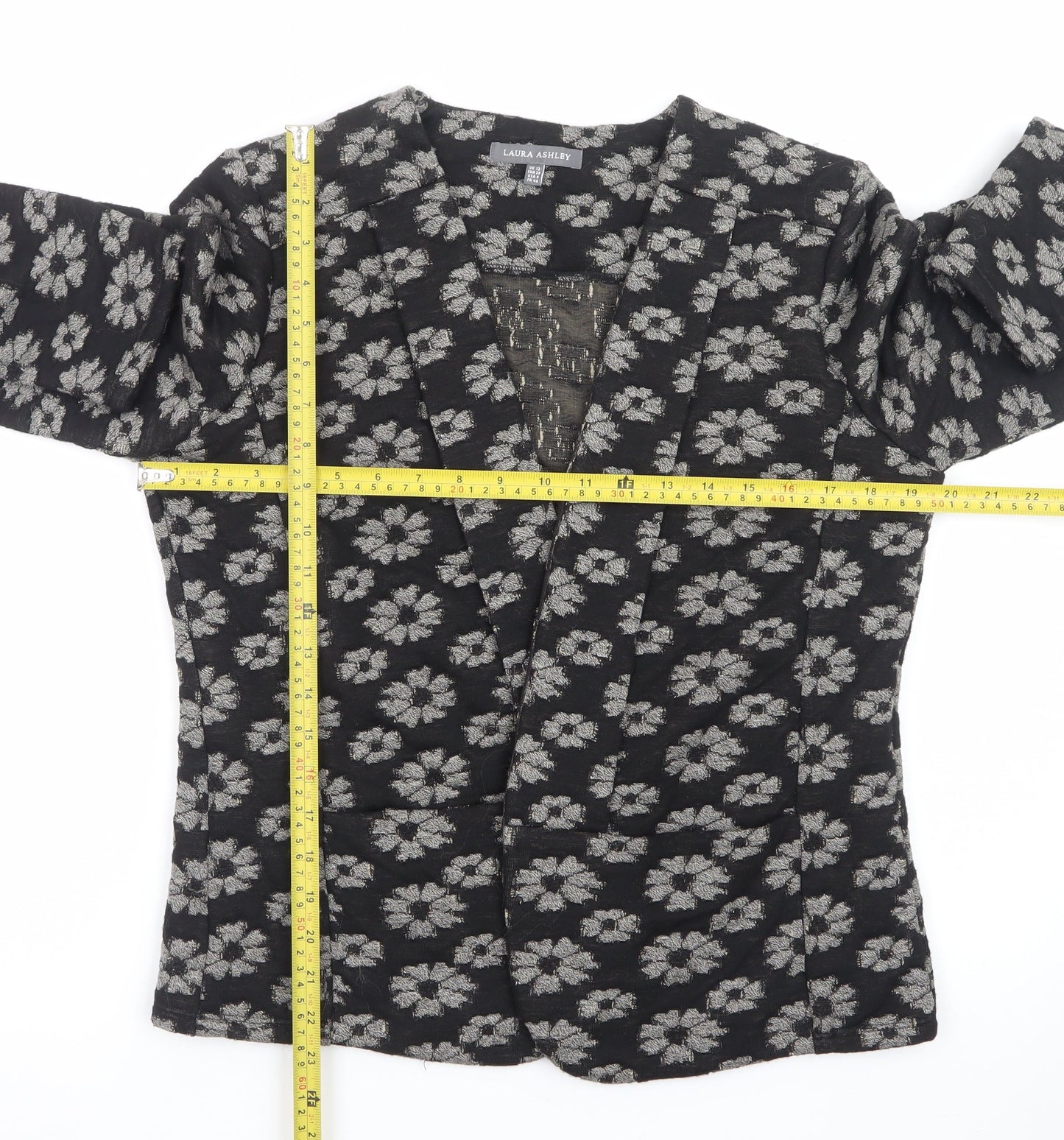 Laura Ashley Women Black Floral V-Neck Long Sleeve Blouse Size 12