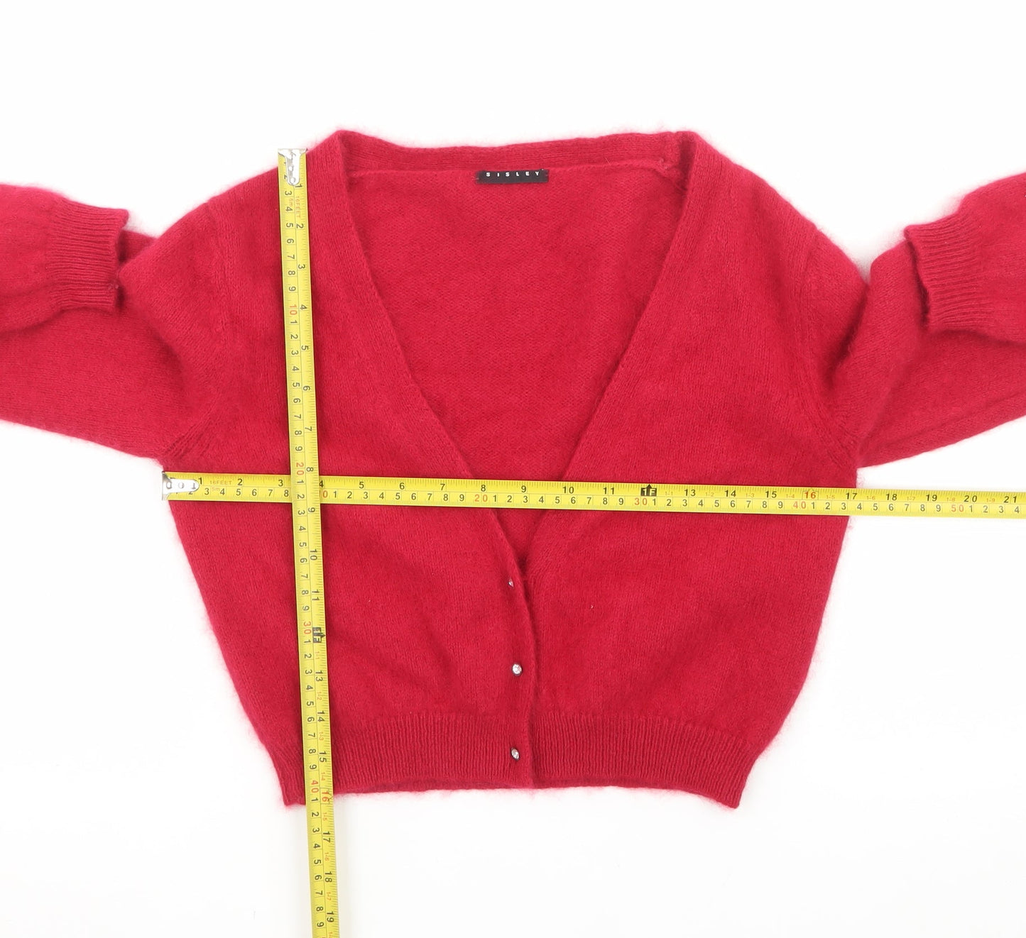 Benetton Women Red V-Neck Mohair Wool Cardigan Jumper Size 8