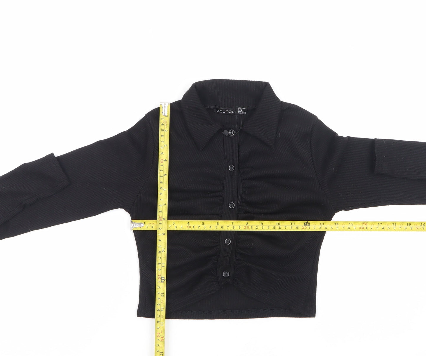 boohoo Womens Black Cropped Button-Up Shirt UK 8 Long Sleeve