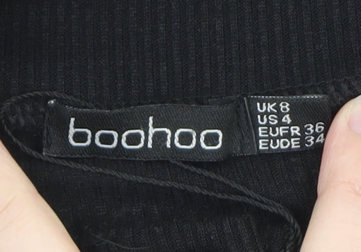 boohoo Womens Black Cropped Button-Up Shirt UK 8 Long Sleeve