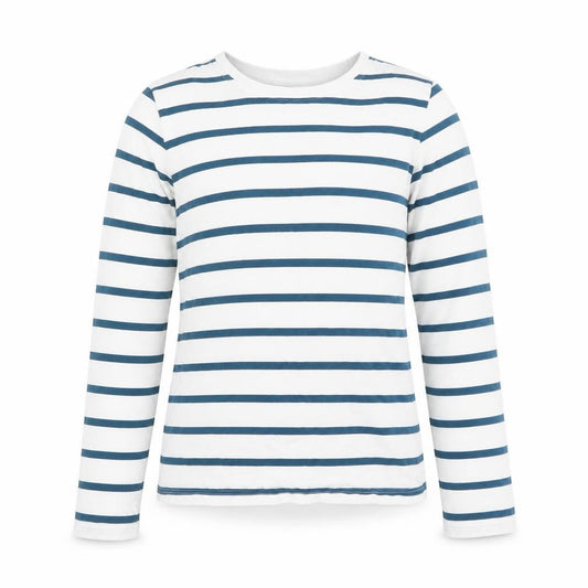 Front view of John Lewis girls’ blue stripe long sleeve cotton t-shirt age 10 years