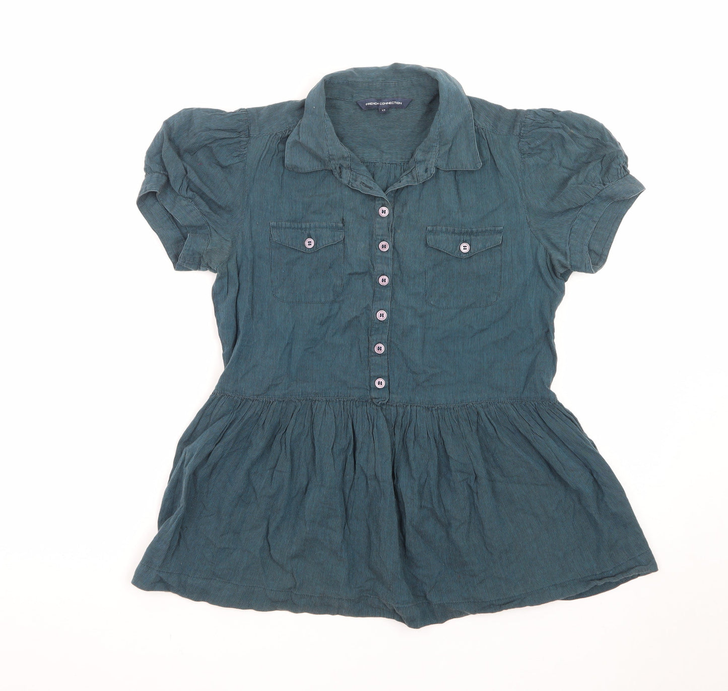 French Connection Women's Blue Cotton Collared Tunic Blouse Size 12