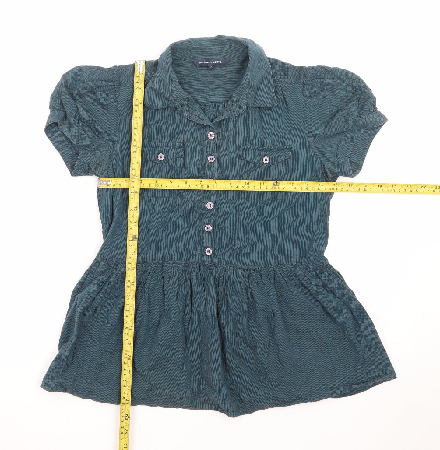 French Connection Women's Blue Cotton Collared Tunic Blouse Size 12