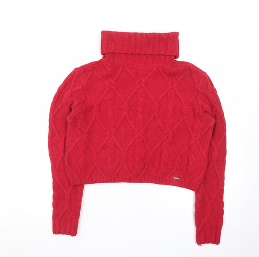 Hollister Women Red Cable-Knit Roll Neck Jumper Size S