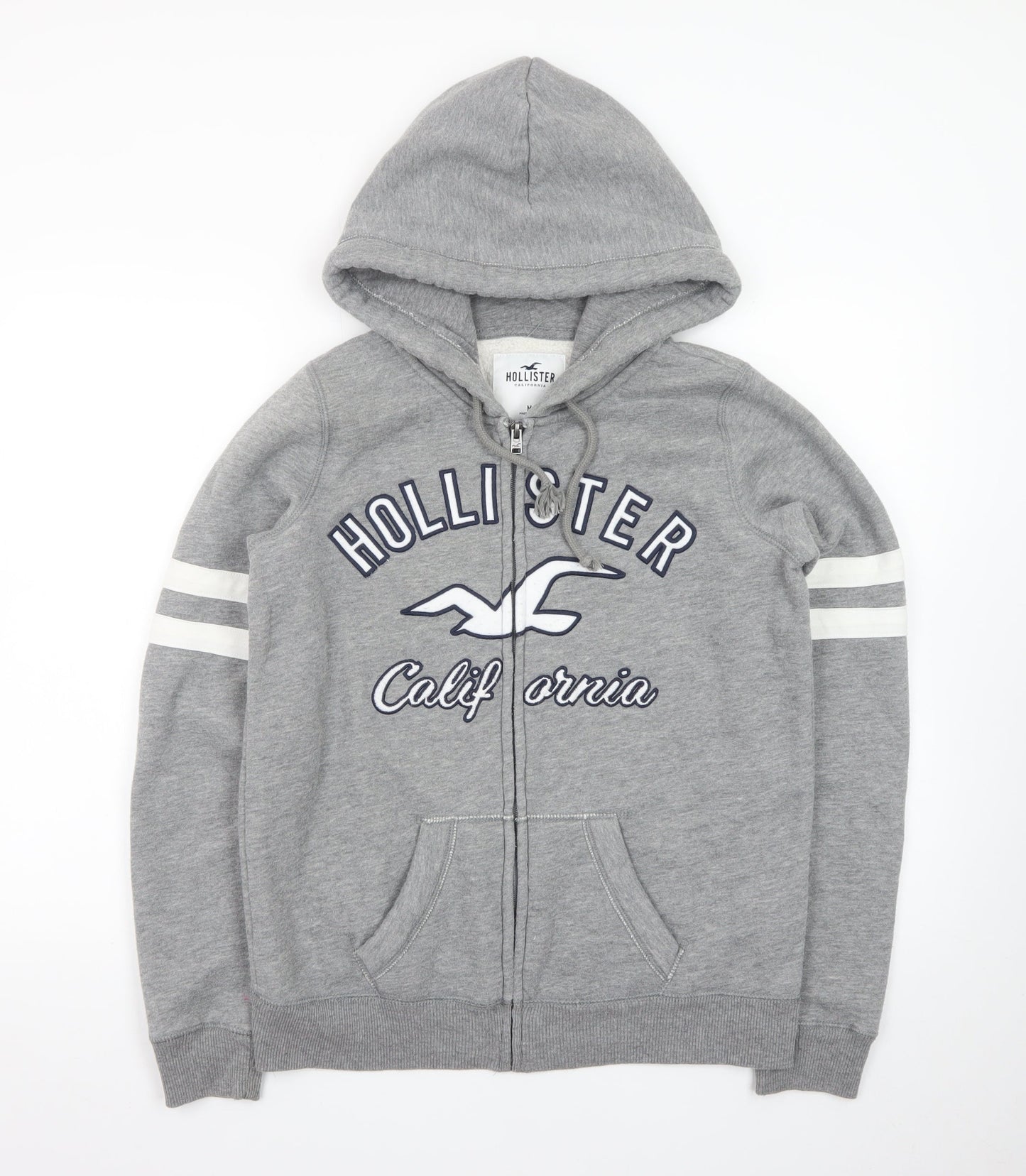Hollister Men Grey Full Zip Fleece Hoodie M Embroidered Logo