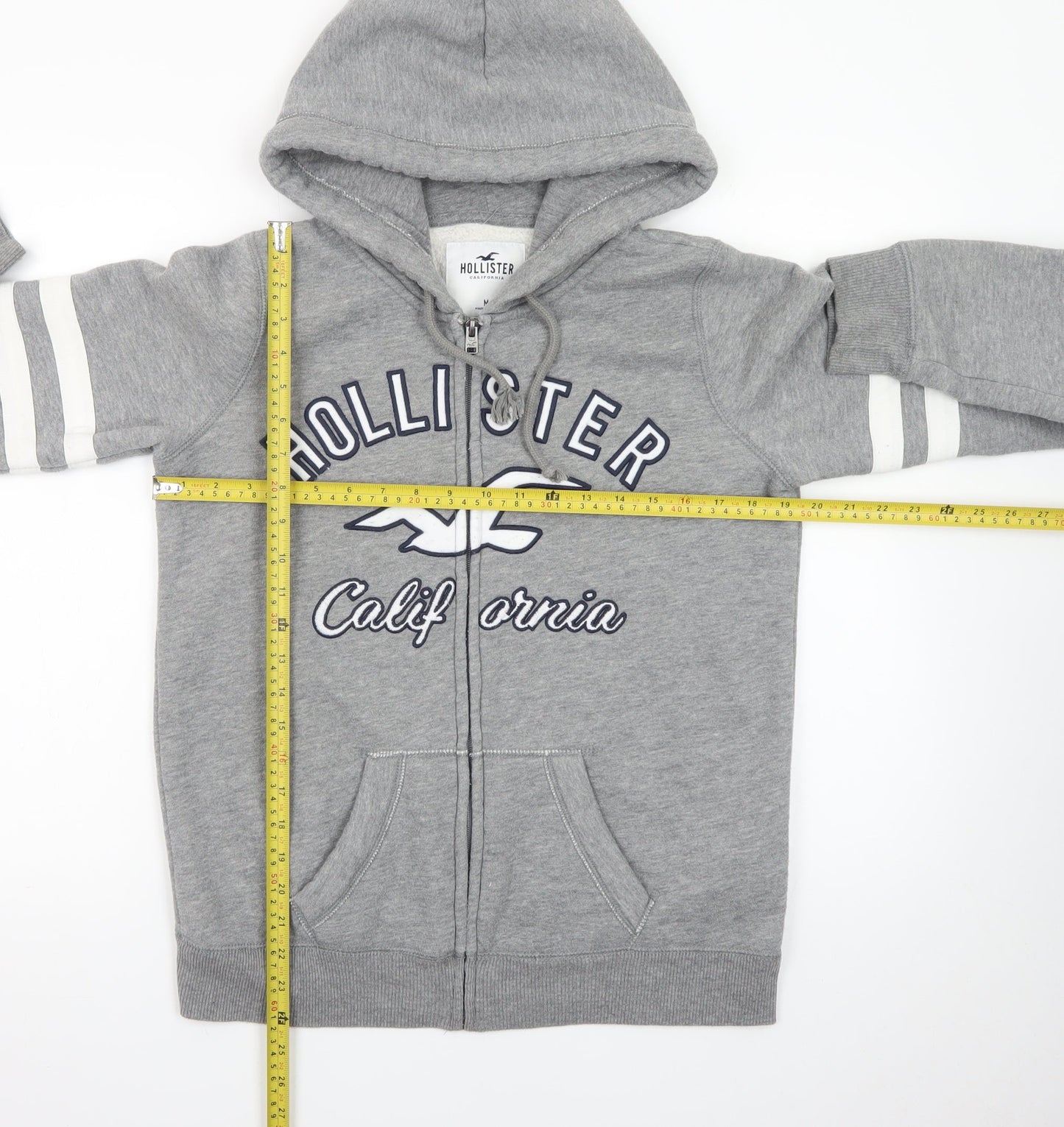 Hollister Men Grey Full Zip Fleece Hoodie M Embroidered Logo