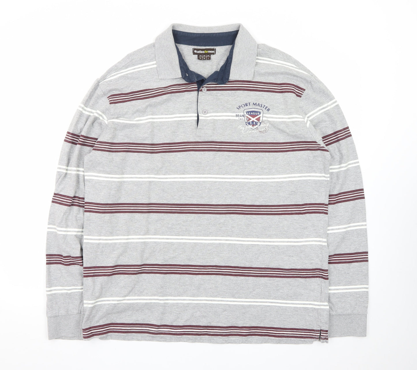 Atlas For Men Grey Striped Long Sleeve Polo Shirt L Regular Fit