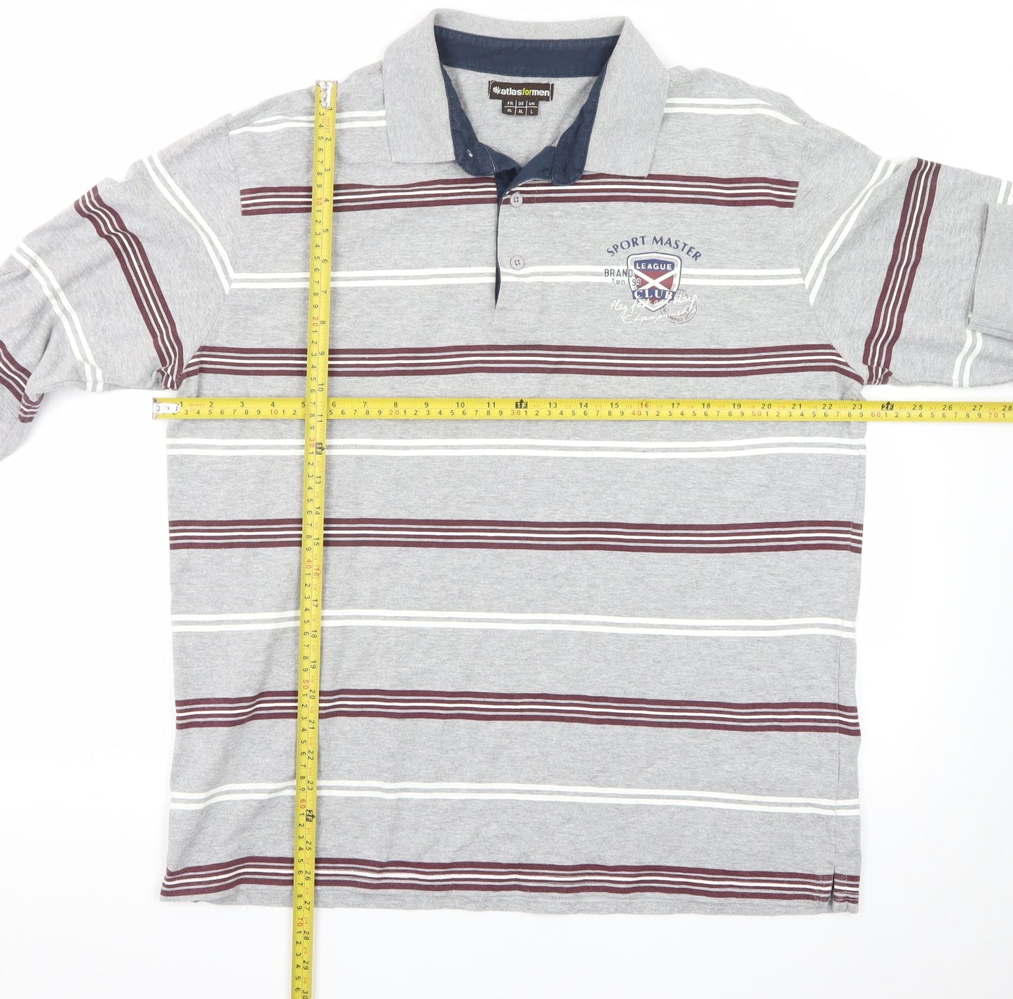 Atlas For Men Grey Striped Long Sleeve Polo Shirt L Regular Fit