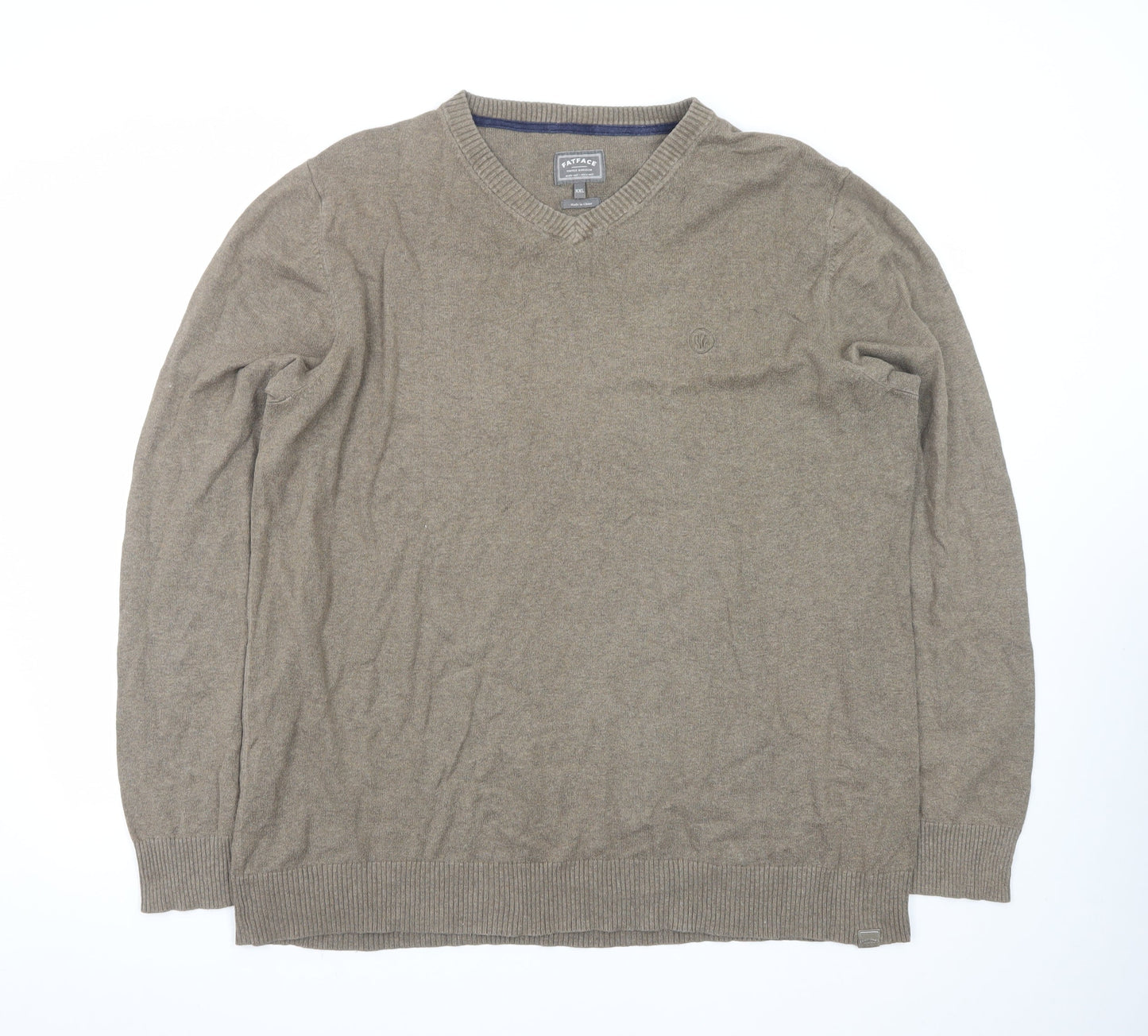 FatFace Men's Brown XXL V-Neck Cotton Jumper Classic Knitwear