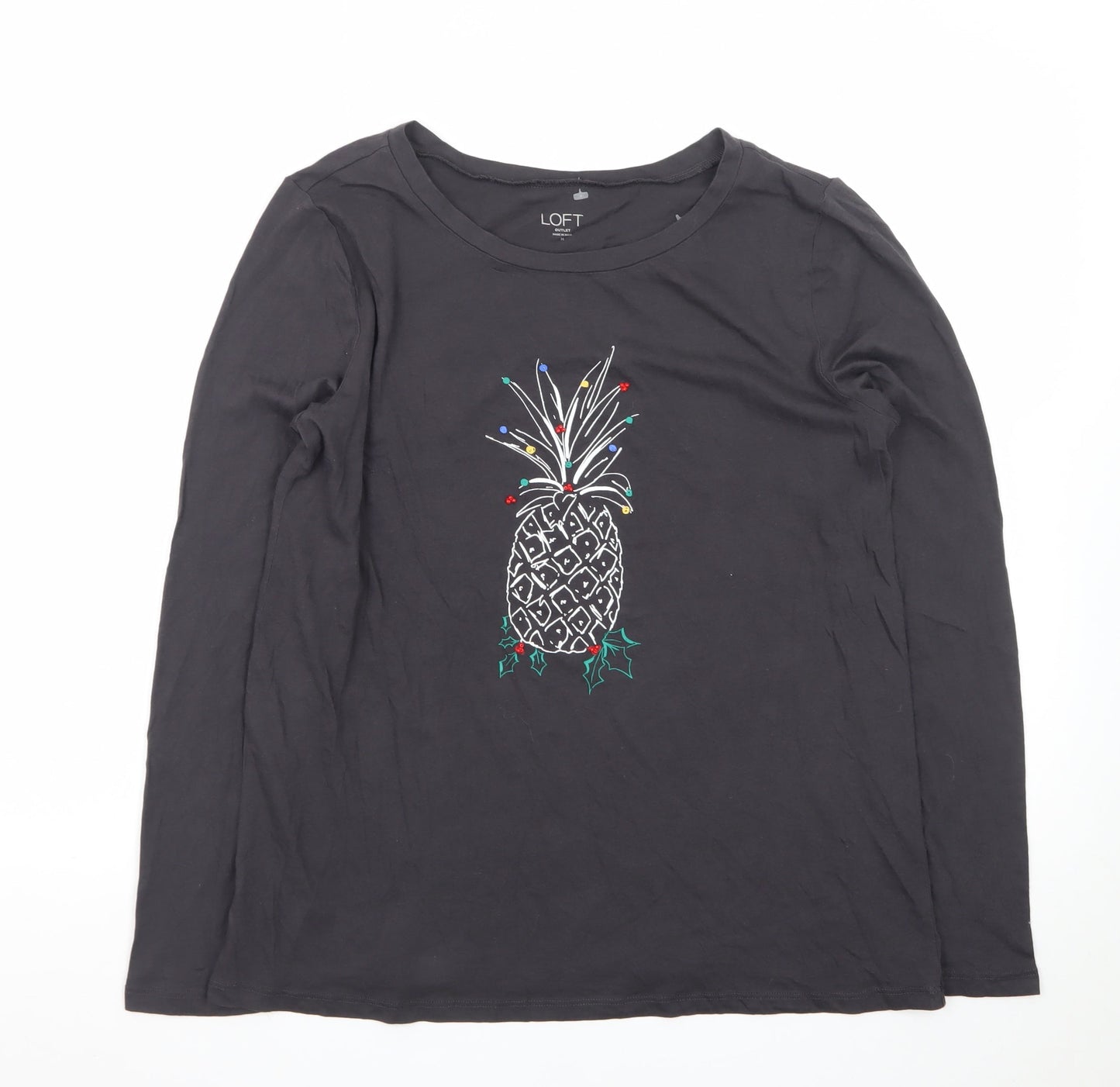 LOFT Women Black Long Sleeve Cotton Pineapple Christmas T-Shirt Size M