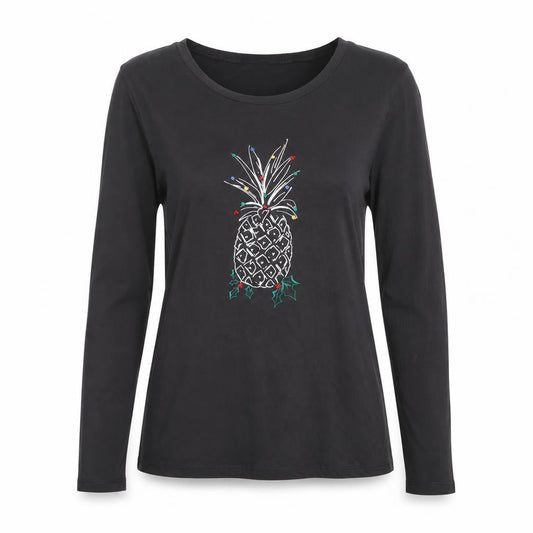 LOFT Women Black Long Sleeve Cotton Pineapple Christmas T-Shirt Size M