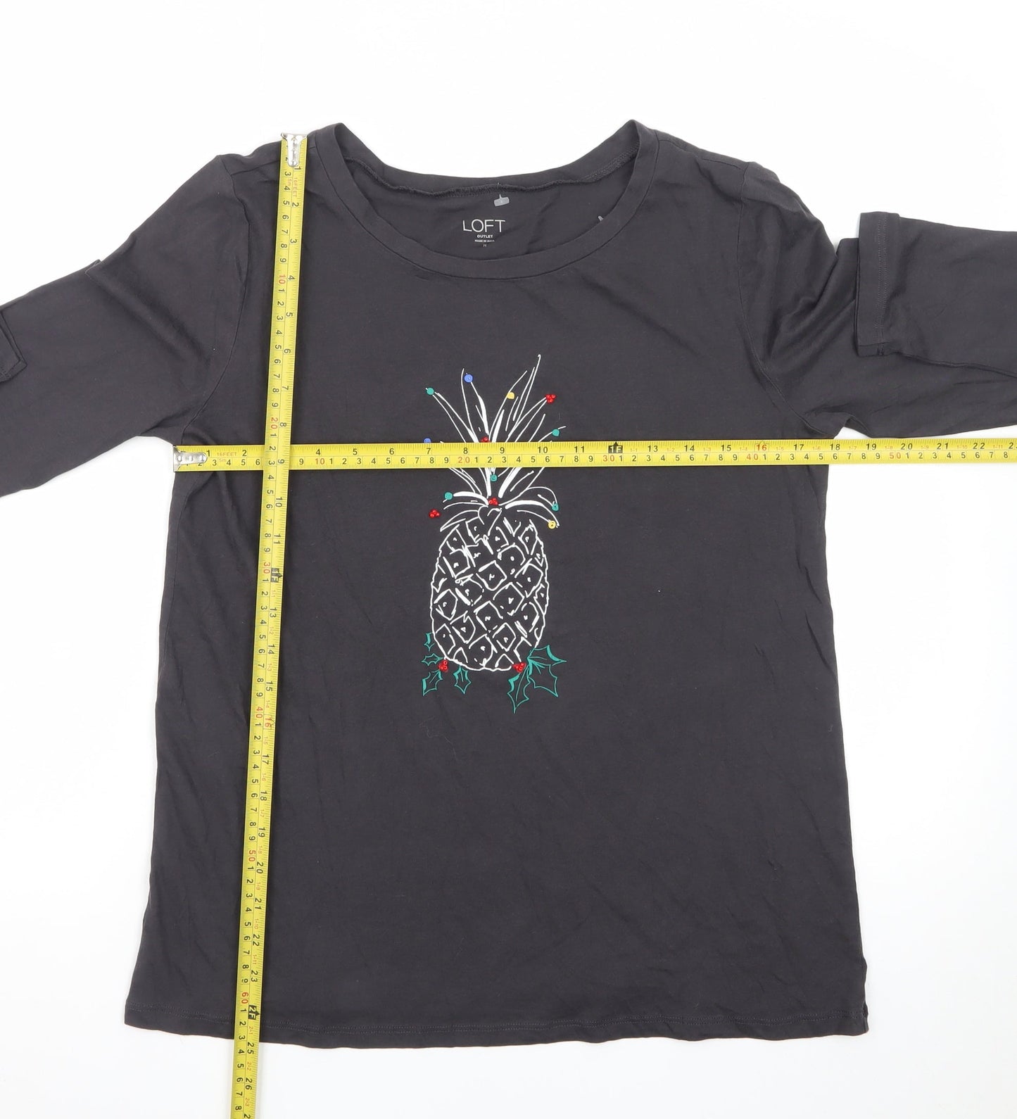 LOFT Women Black Long Sleeve Cotton Pineapple Christmas T-Shirt Size M