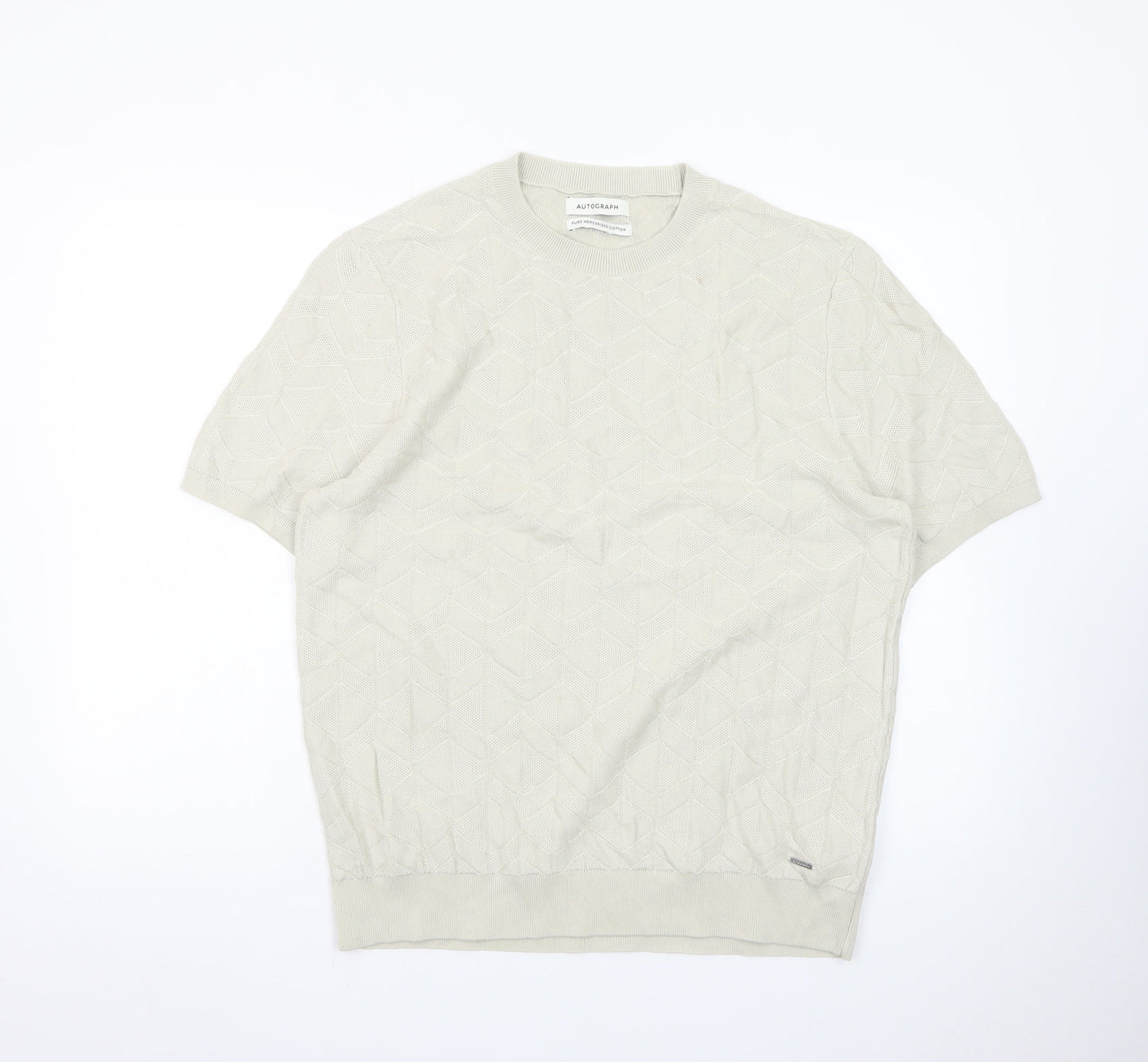 Marks and Spencer Autograph Men's Beige Short Sleeve Textured Cotton T-Shirt Size L