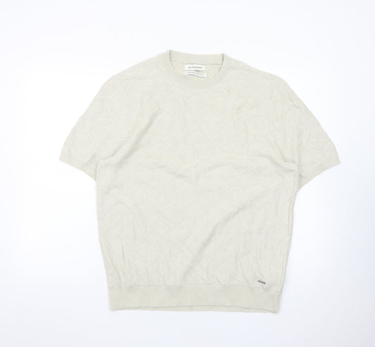 Marks and Spencer Autograph Men's Beige Short Sleeve Textured Cotton T-Shirt Size L