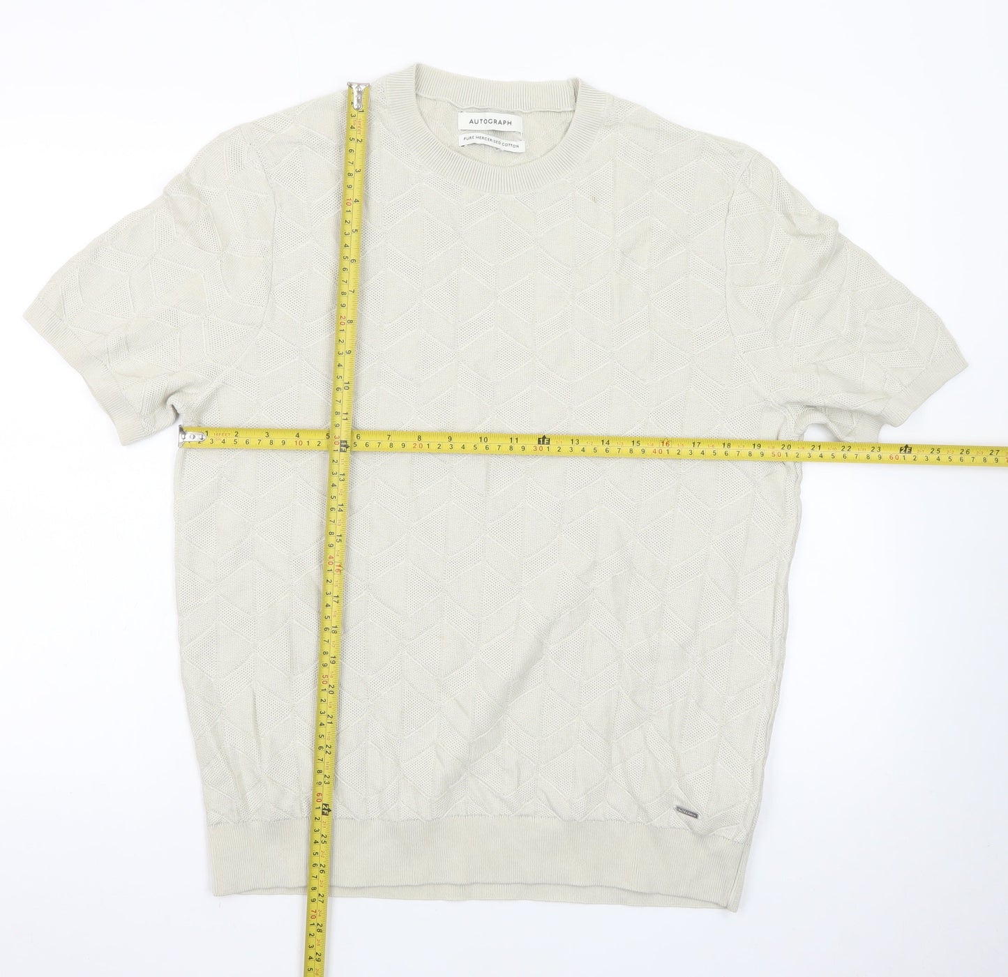 Marks and Spencer Autograph Men's Beige Short Sleeve Textured Cotton T-Shirt Size L