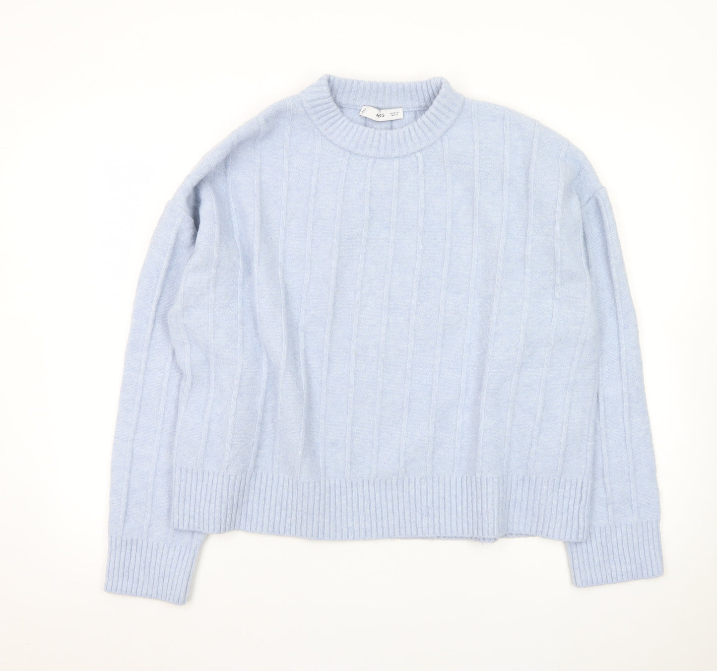 MNG Women Blue XL Wool Blend Cable-Knit Crew Neck Jumper