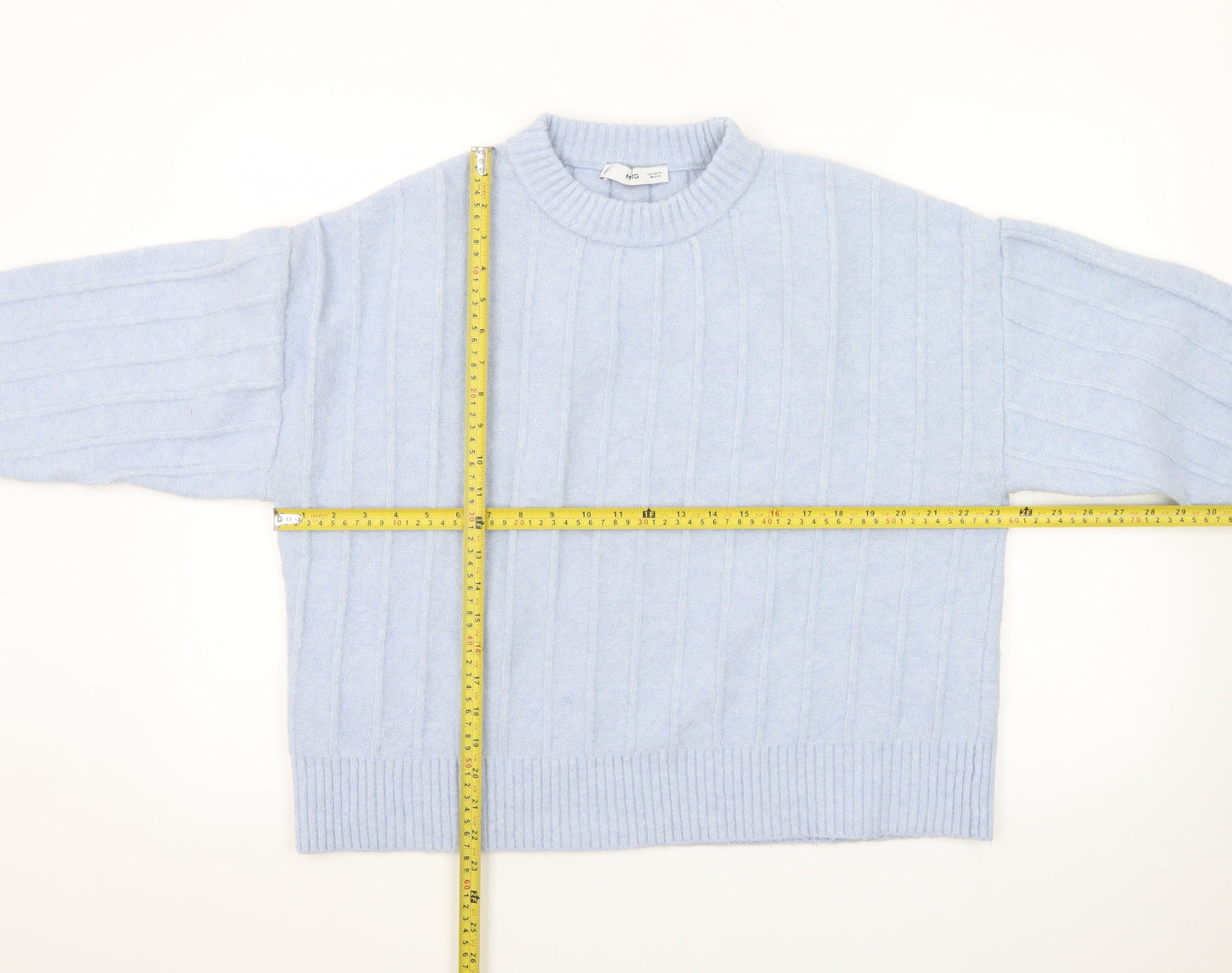 MNG Women Blue XL Wool Blend Cable-Knit Crew Neck Jumper