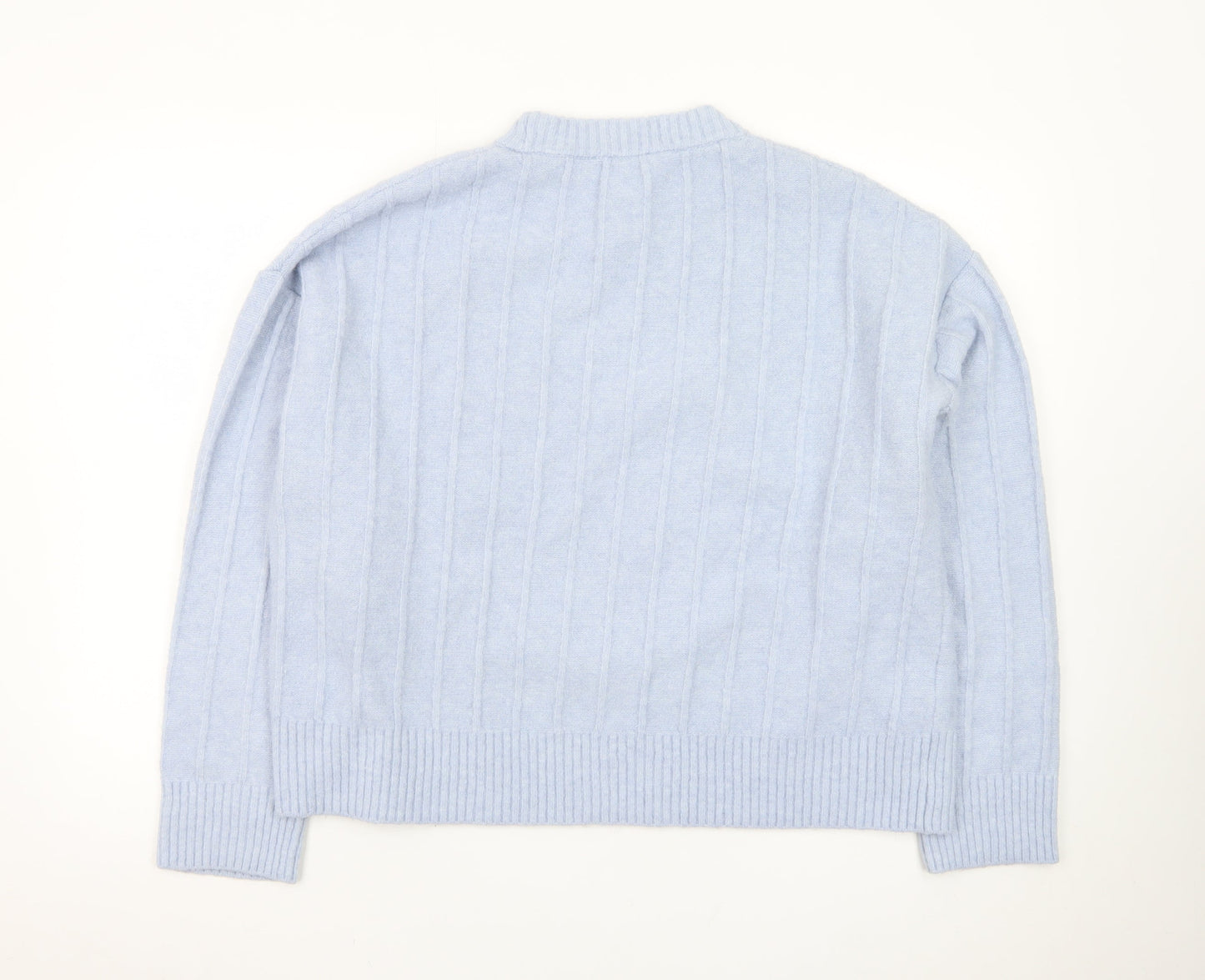 MNG Women Blue XL Wool Blend Cable-Knit Crew Neck Jumper