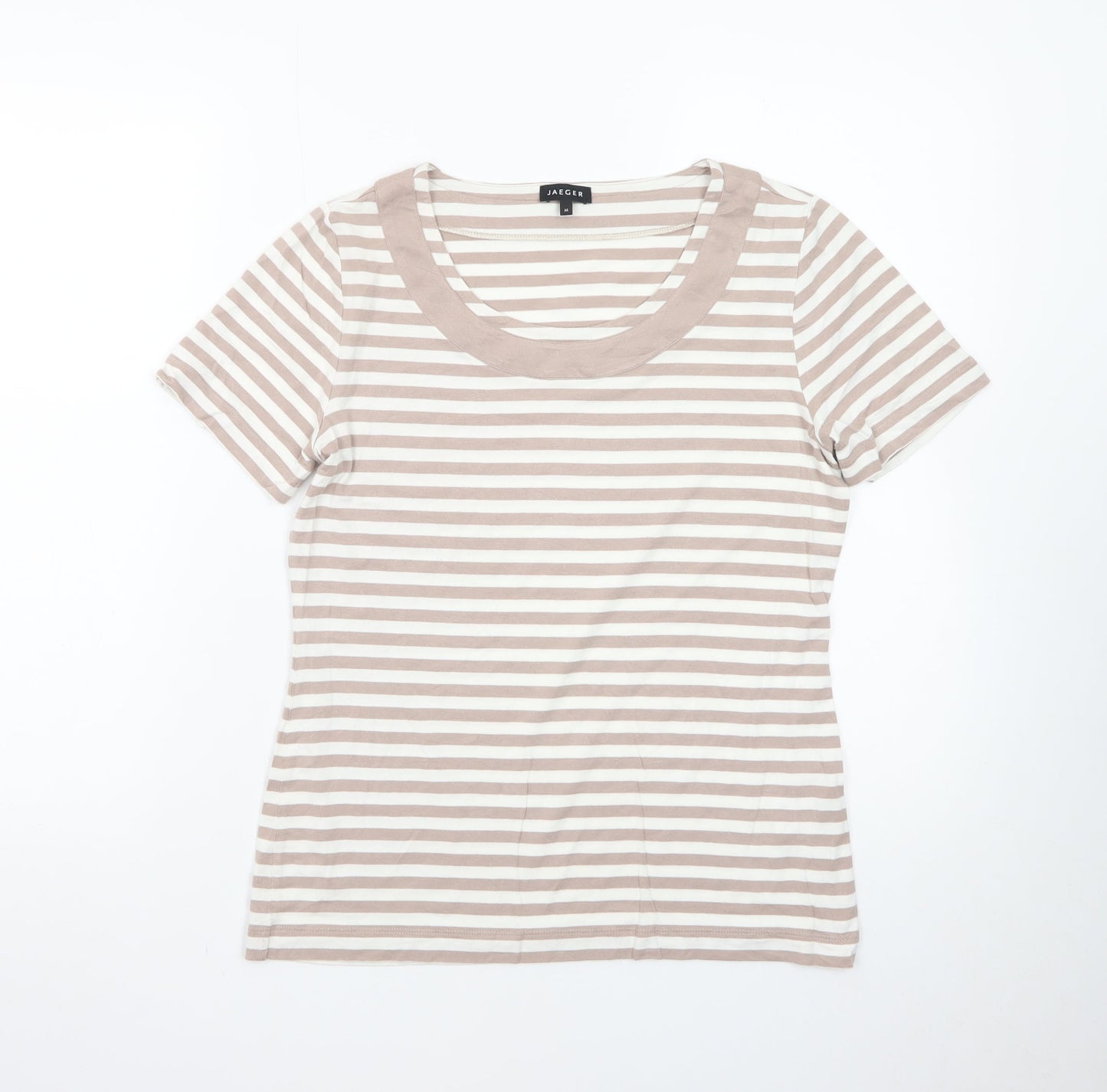 Jaeger Women Beige Striped Cotton Short Sleeve Basic T-Shirt M