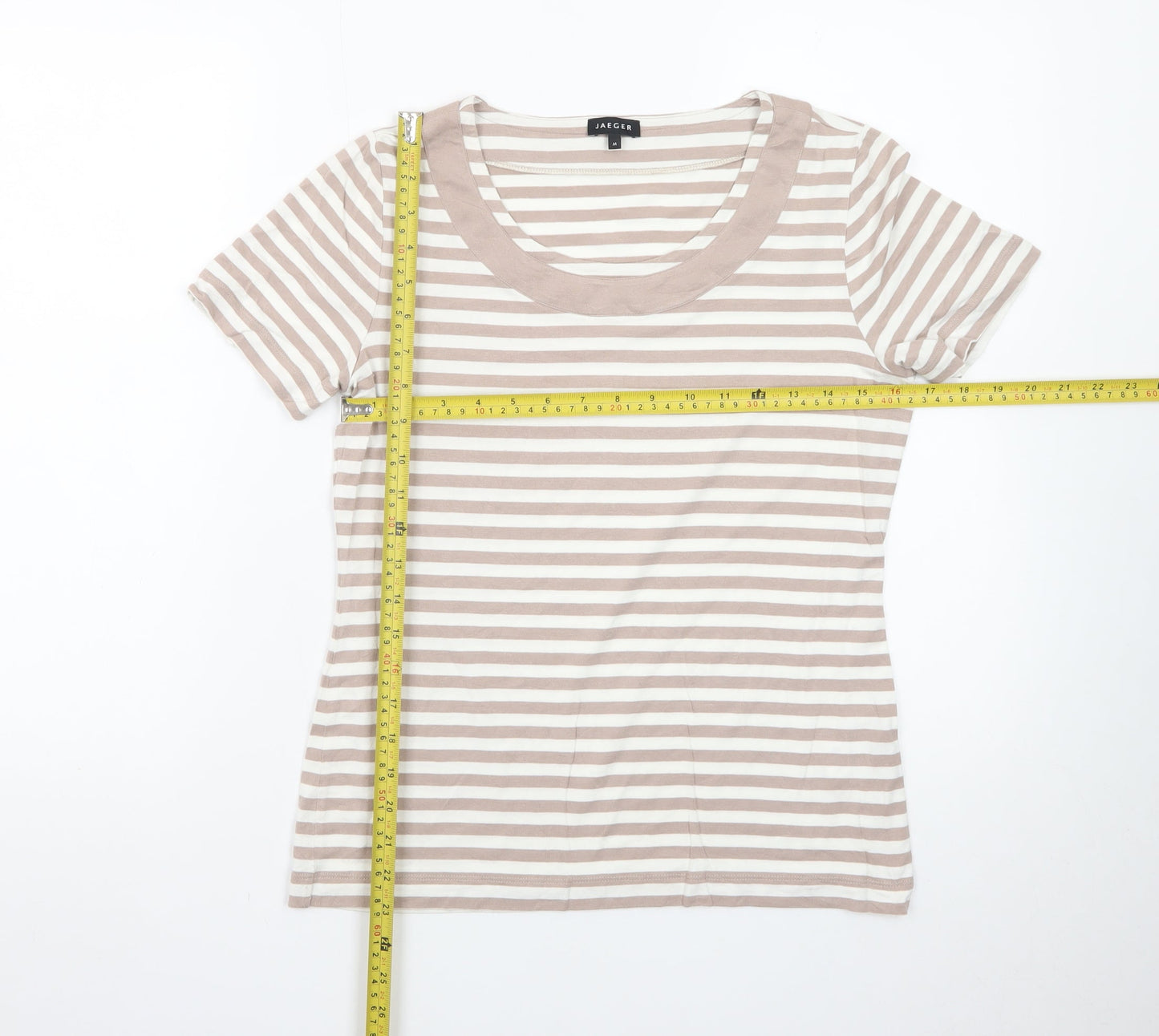 Jaeger Women Beige Striped Cotton Short Sleeve Basic T-Shirt M