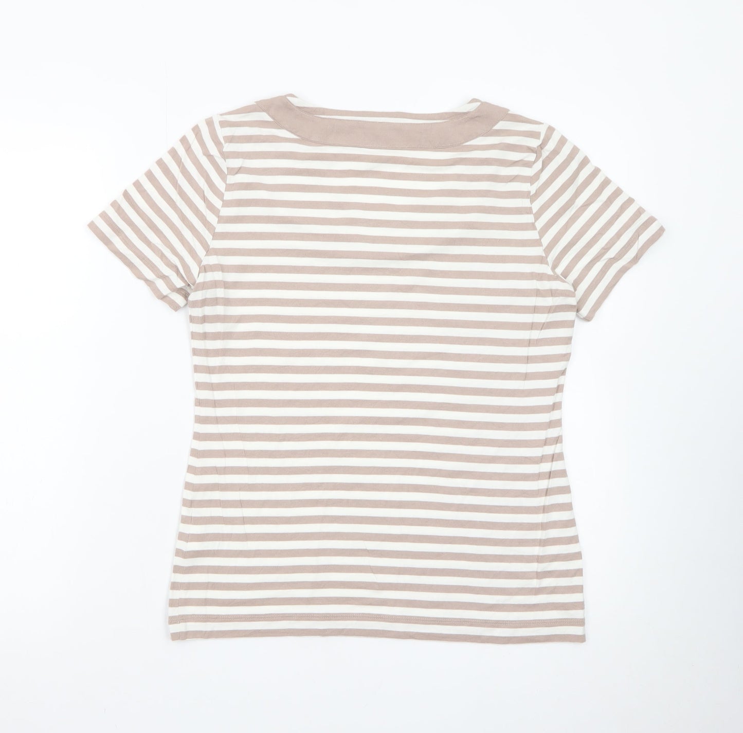 Jaeger Women Beige Striped Cotton Short Sleeve Basic T-Shirt M