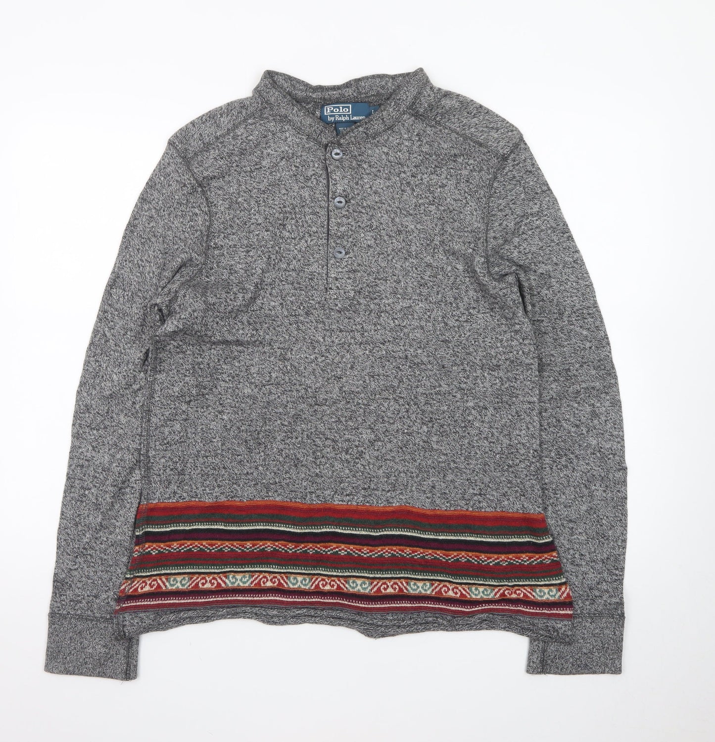 Polo Ralph Lauren Men's Grey Henley Jumper L Aztec Knit Cotton Blend