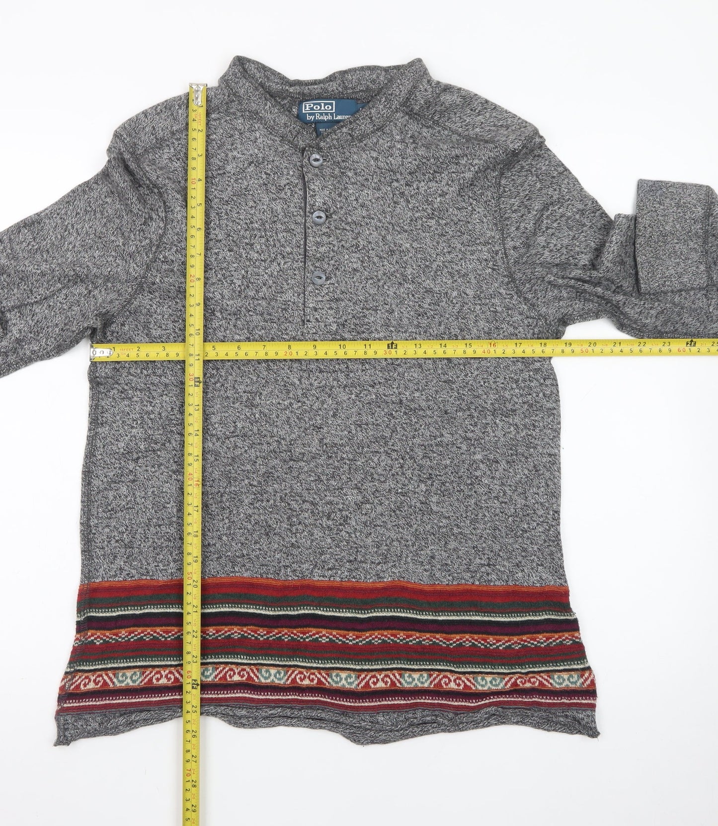 Polo Ralph Lauren Men's Grey Henley Jumper L Aztec Knit Cotton Blend