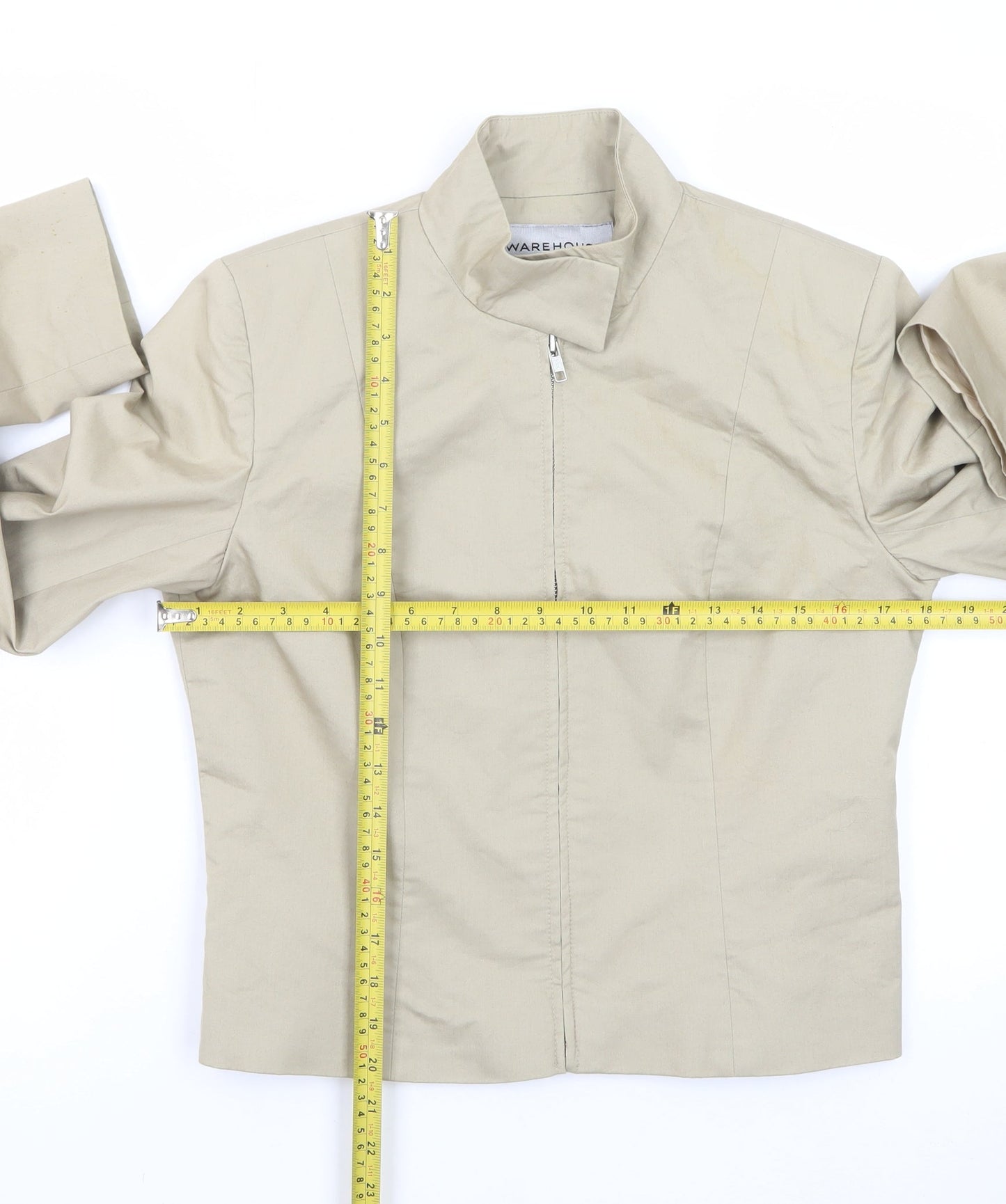 Warehouse Women’s Beige Zip-Up Cotton Blend Short Jacket UK 12