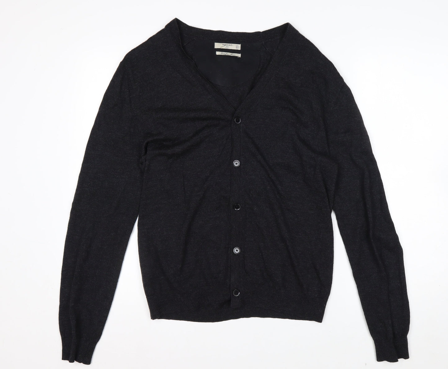 Mango Men Black Wool V-Neck Cardigan L Lightweight Knit