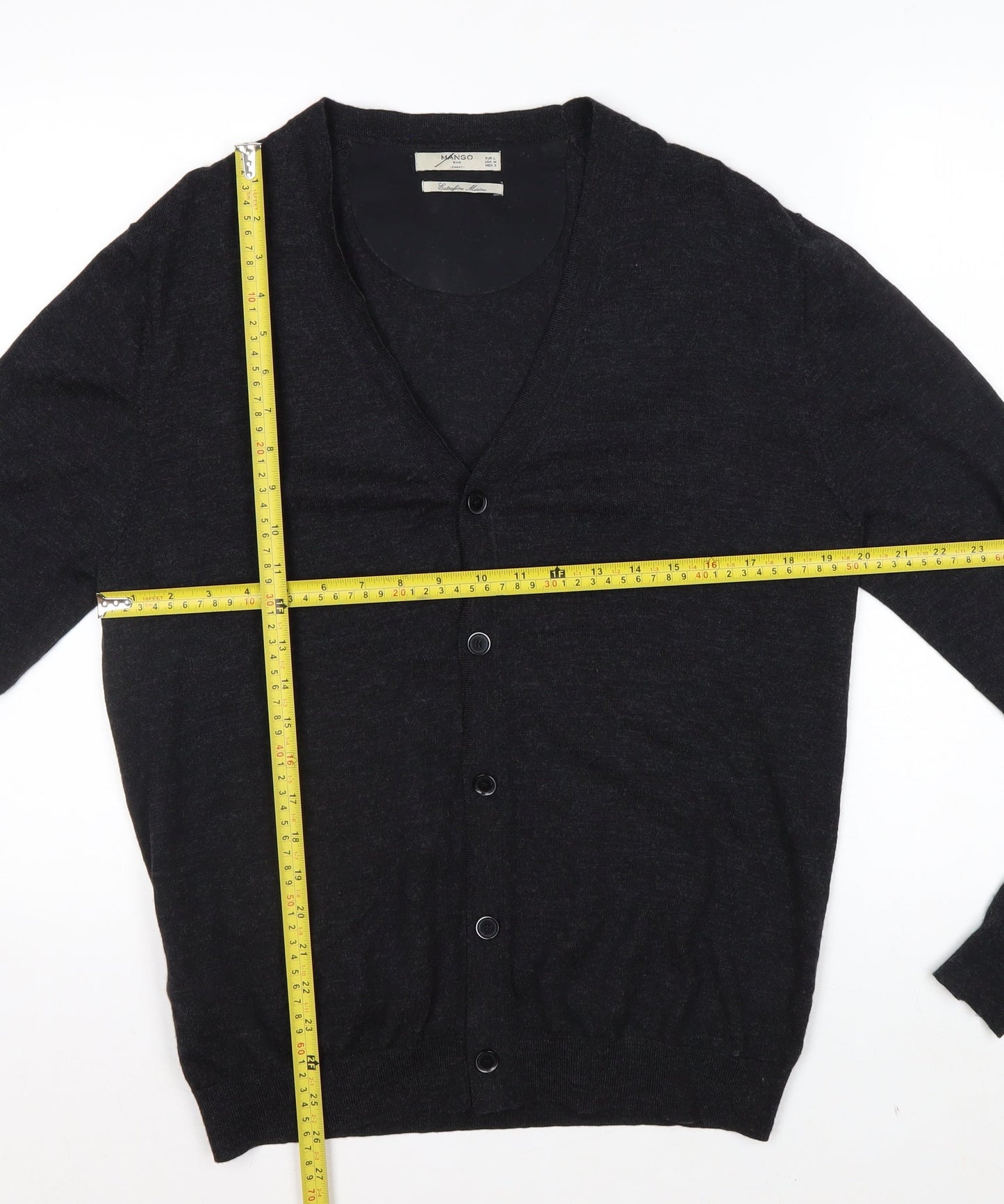Mango Men Black Wool V-Neck Cardigan L Lightweight Knit