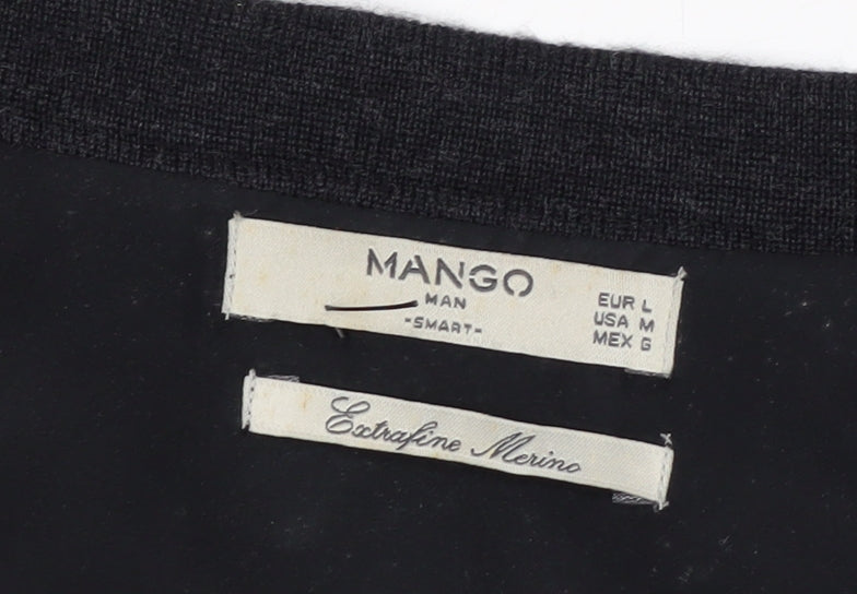 Mango Men Black Wool V-Neck Cardigan L Lightweight Knit