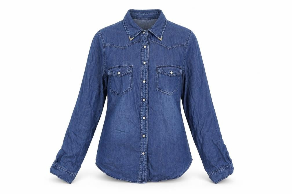 Oasis Women's Blue Denim Button-Up Shirt Size 10 Long Sleeve