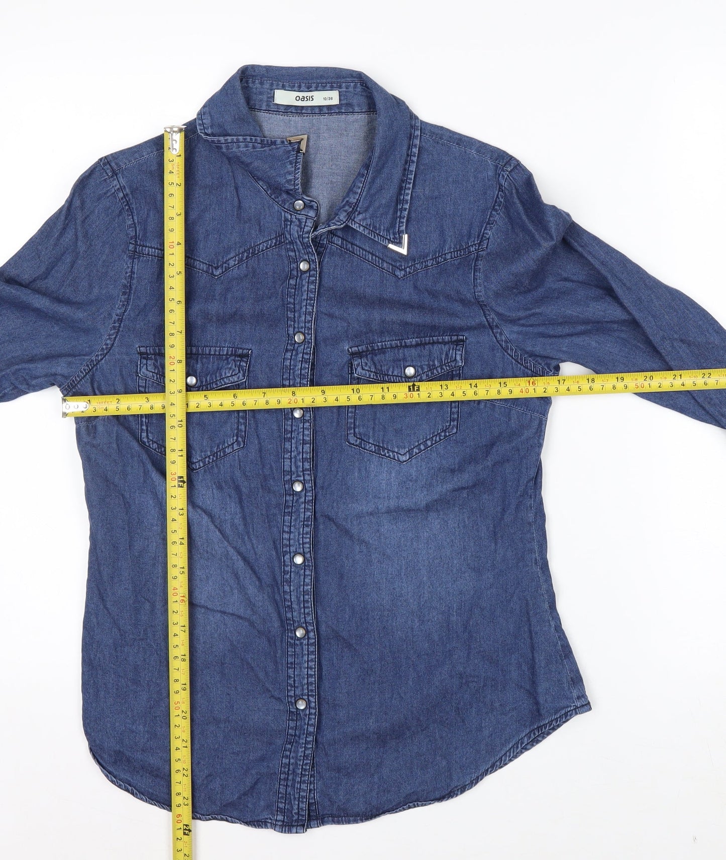 Oasis Women's Blue Denim Button-Up Shirt Size 10 Long Sleeve