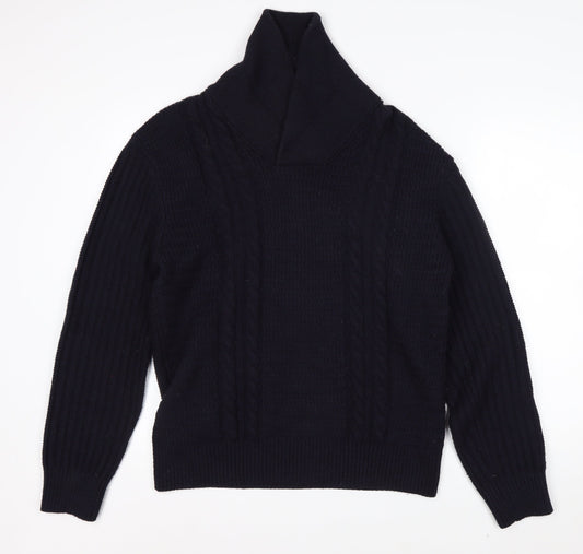 Zara Mens Black Wool Blend Roll Neck Cable Knit Jumper L