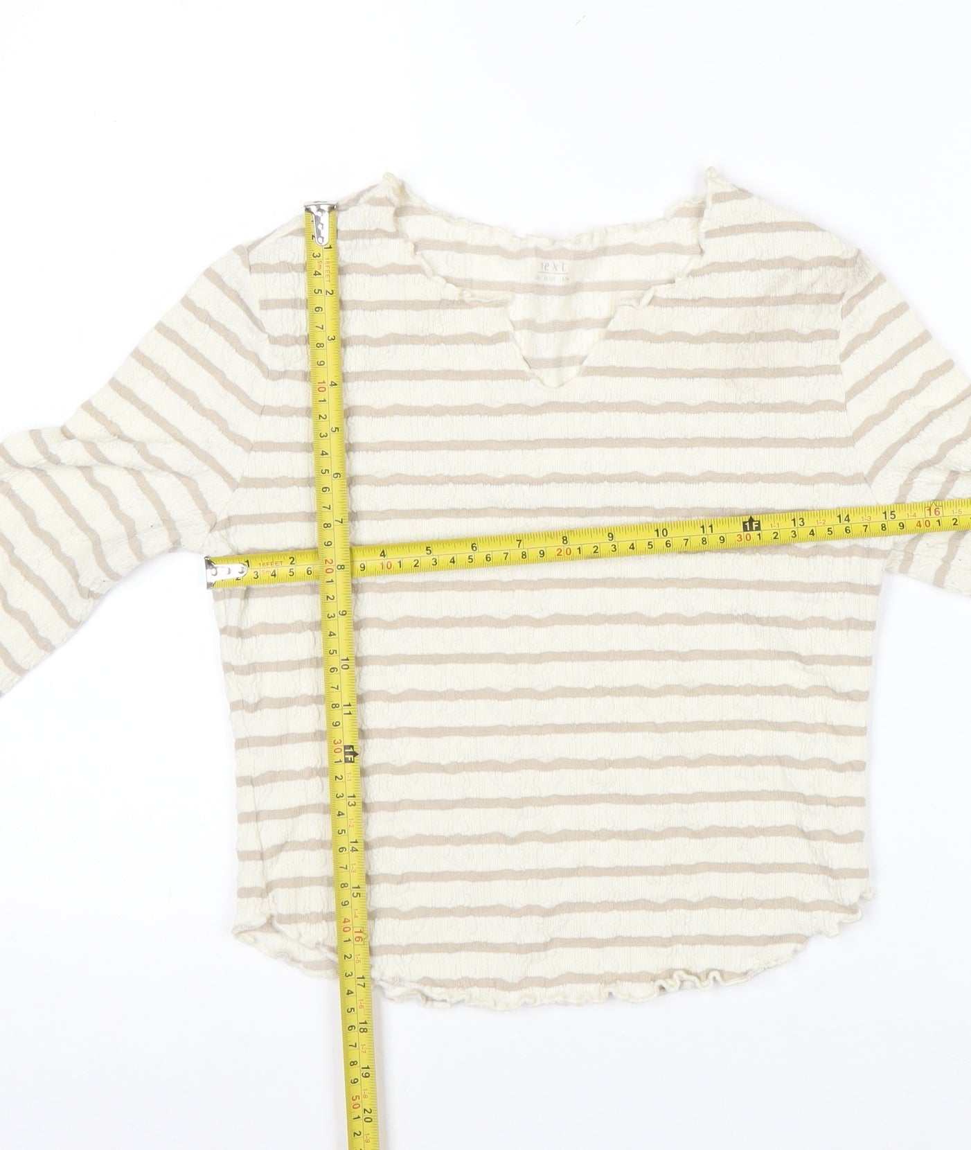 Next Womens Beige Striped Long Sleeve V-Neck T-Shirt UK 10
