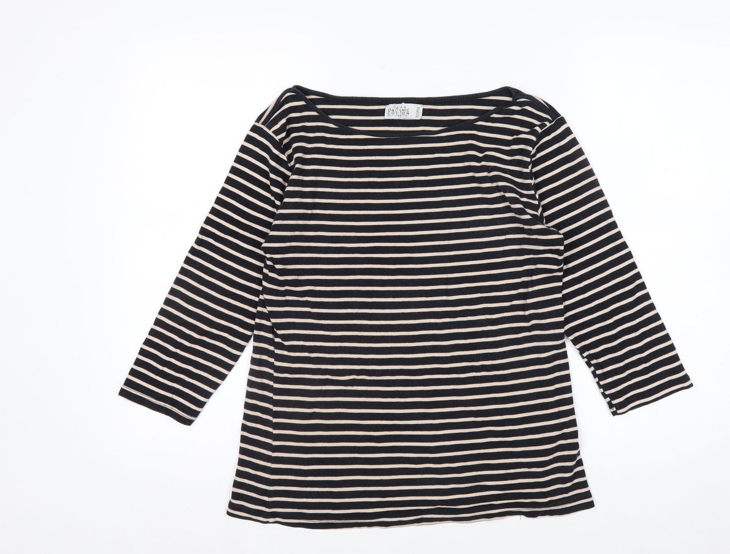 ZARA Women Black Striped Organic Cotton 3/4 Sleeve T-Shirt XL