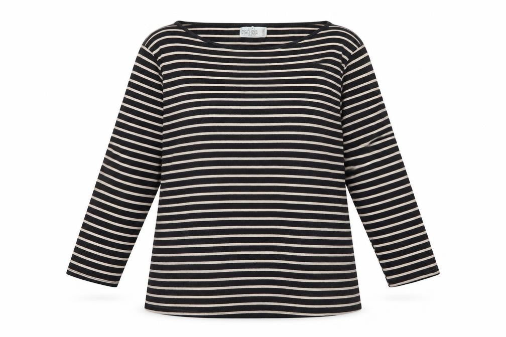 Zara Women Black Striped Organic Cotton 3/4 Sleeve T-Shirt XL